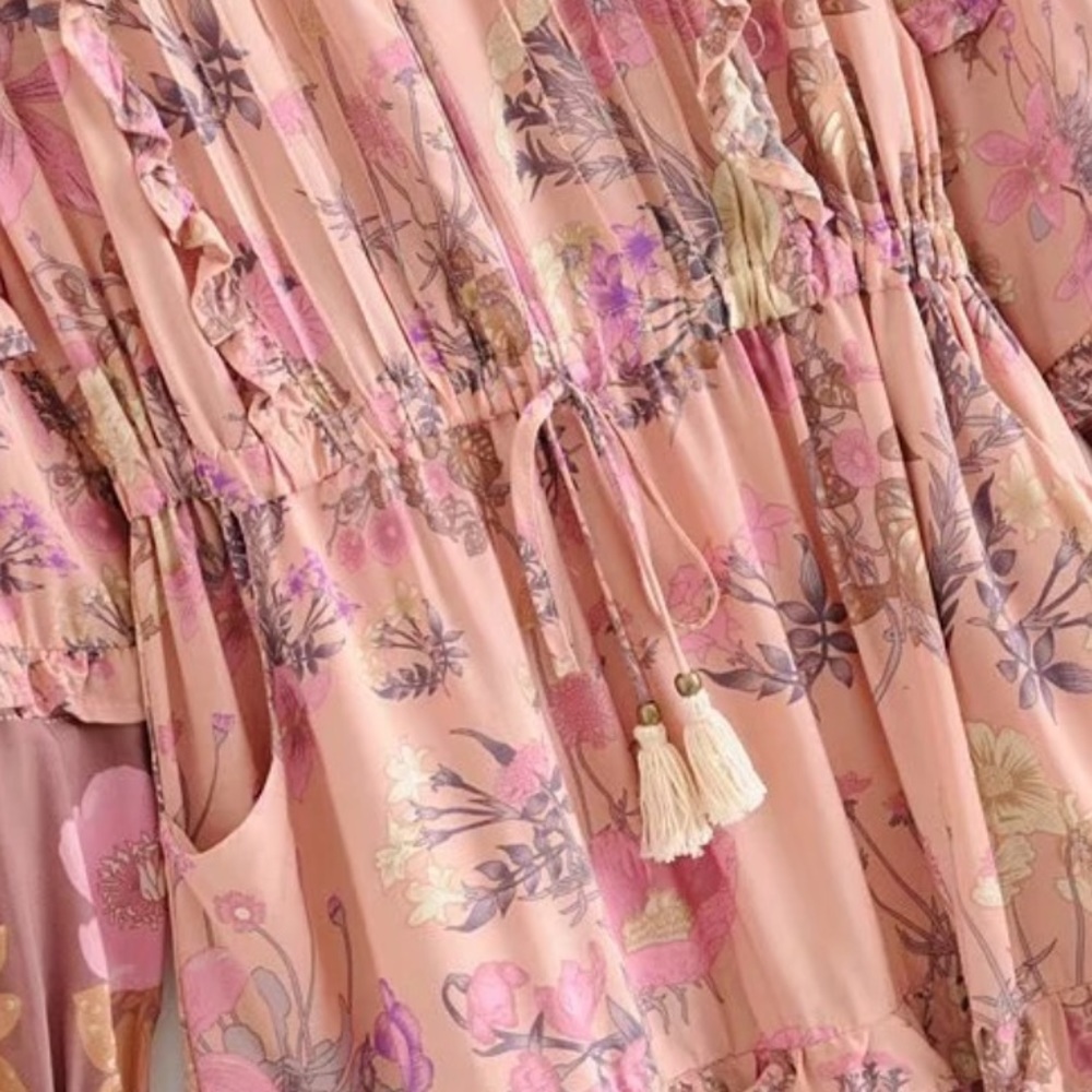 Long Sleeve Ruffle Boho Floral Gypsy Print Dress - Picture 6 of 11